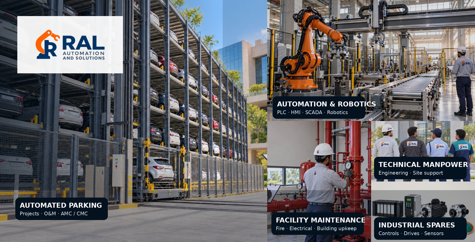 RAL integrated services: automated parking, automation and robotics, facility maintenance, technical manpower and industrial spares